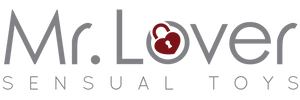 Mr. Lover Logo mit rotem Herzschloss – stilisiertes, modernes Design mit dem Claim ‚Sensual Toys‘ darunter