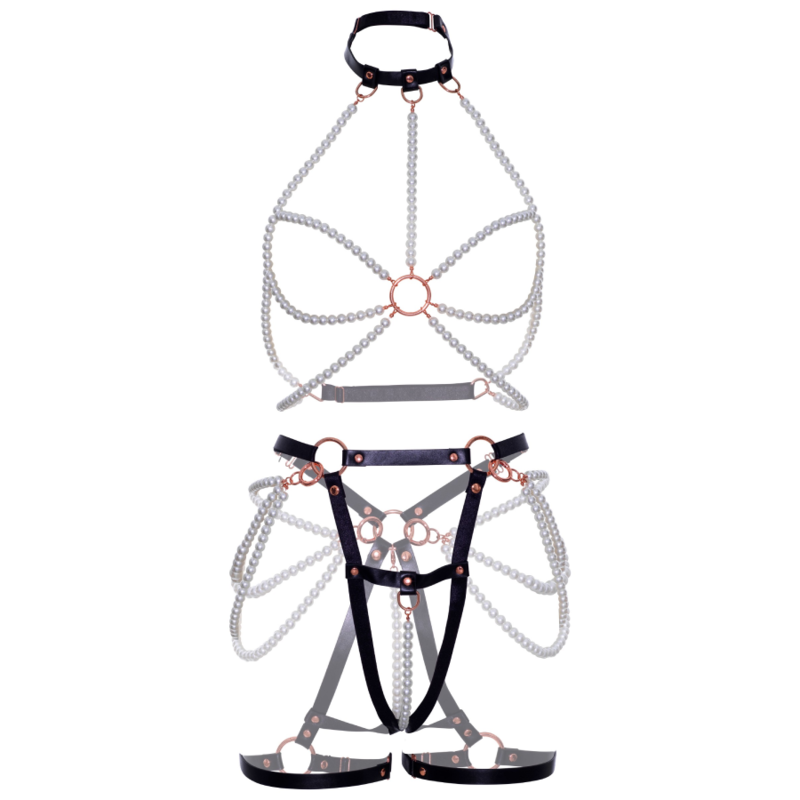 Harness mit BH & Strumpfband „Pearl“ aus veganem Leder mit Perlen-Details