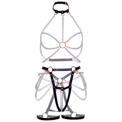 Harness mit BH & Strumpfband „Pearl“ aus veganem Leder mit Perlen-Details