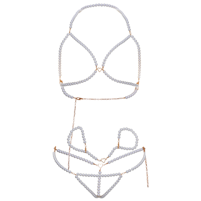 3-teiliges Dessous-Set mit Perlen, Handfesseln & offenem BH