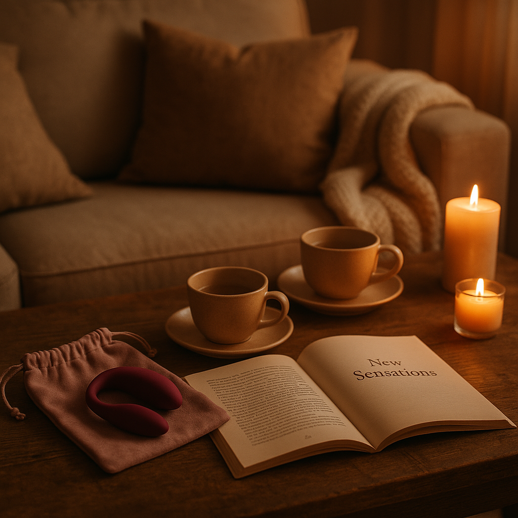 Ein gemütlich beleuchteter Couchtisch mit zwei Tassen Tee, drei brennenden Kerzen, einem offenen Buch mit dem Titel „New Sensations“ und einem Paar-Vibrator in einem rosa Stoffbeutel. Im Hintergrund ein Sofa mit Kissen und Decke – stimmungsvolle Atmosphäre für Zweisamkeit.